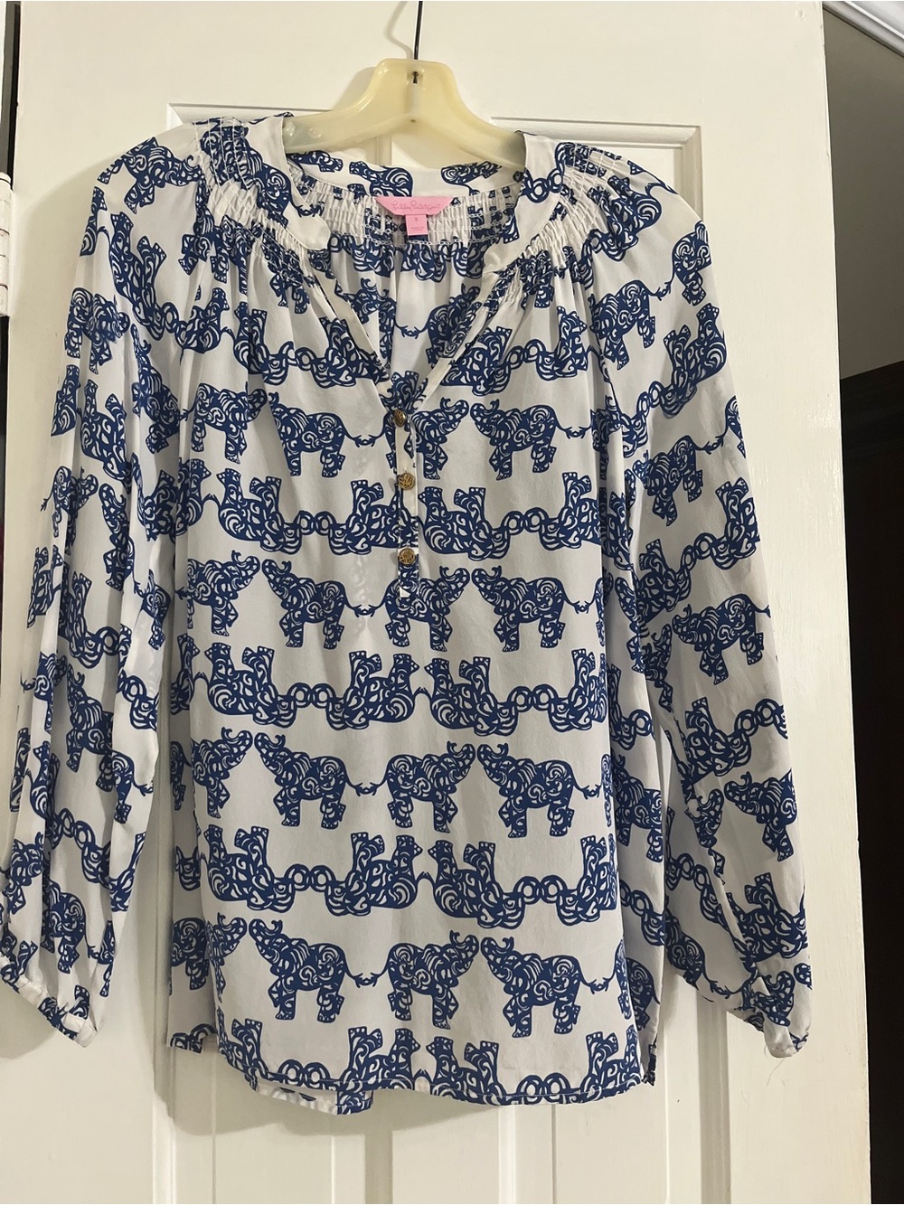 Lilly Pulitzer White & Blue Elephant Print Peasant Blouse
